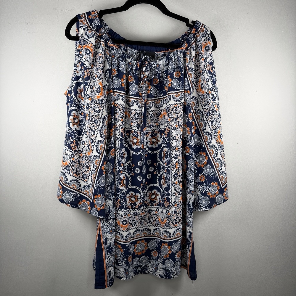 New Directions Plus 1X‎ Floral Print Top Bell Sleeve Navy Blouse boho